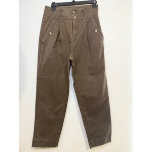 Zara High Waist Olive Green Crop Pants‎ Trousers Pleated Button Detail S Chic